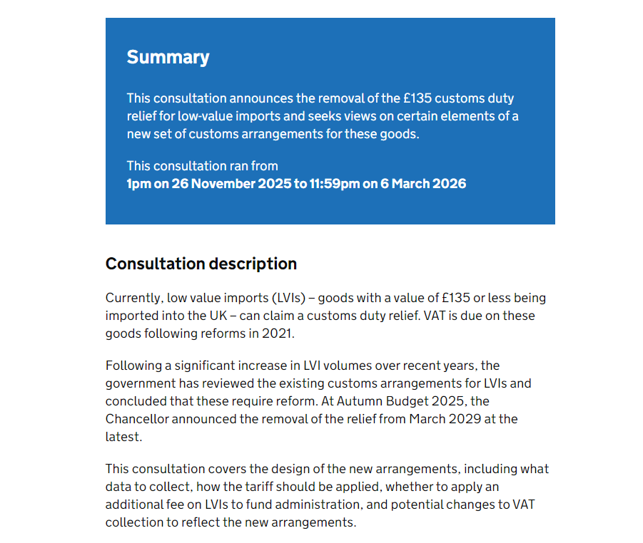 英国计划取消135英镑以下关税豁免政策